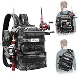 QKTYB Große Angeltasche mit Rutenhalter, Wasserdichter Angelrucksack mit Reißverschluss, 35L Robuster Oxford-Stoff Mehreren Taschen Reiserucksack für Angeln, Jagd, Reisen, Wandern (45×30×25cm)