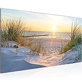 Runa Art Wandbild Strand Sonnenuntergang 1 Teilig 100 x 40 cm Modern Bild auf Vlies Leinwand Meer Natur Schlafzimmer Wohnzimmer Blau Beige 041712a