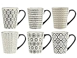 H&H - 6er Set Becher, Vhera, Tasse, Mehrzweck, Tischausstattung, Stoneware, verschiedene Dekore, Schwarz und Weiß, 350 cc