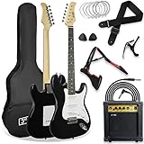 3rd Avenue XF 4/4 E-Gitarrenset in Normalgröße, Luxus-Set mit 10 W Verstärker, Kabel, Ständer, Gigbag, Gurt, Ersatzsaiten, Plektren, Kapodaster – in Schwarz