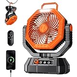 AJVV Camping Ventilator mit akku 20000mAh, Akku Ventilator mit Fernbedienung/LED Licht/270° Drehung, Tischventilator mit Haken/Powerbank/Stufenlose Geschwindigkeit, für Outdoor Reisen Angeln-Orange