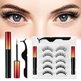 Magnetische Wimpern 5 Paare, Magnet Wimpern, 3D Magnetische Wimpern mit Eyeliner, Magnetische Wimpern Eyeliner Set, Wasserdicht und wiederverwendbar mit Pinzette rot