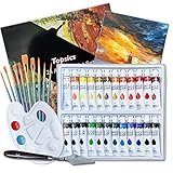 Topsics 37 PCS Acrylfarben Set, 24 x 12ml NON-TOXIC AcrylfarbenSet für Anfänger, Künstler, mit 10 pcs pinsel,1Mischpalette, 1 Leinwand, and 1 Scraper, Perfekt für Leinwand, Holz, Stoff