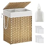 SONGMICS Wäschekorb mit Deckel, Wäschesammler 90 Liter, 2 Fächer, herausnehmbarer Wäschesack mit Griffen, handgeflochten, für Schlafzimmer, Badezimmer, 33 x 46 x 60 cm, naturfarben LCB251N01V1