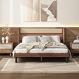 Modernes Plattform-Doppelbett, mit PU-Polster und Rattan, Gebogene Ohren mit Rattanmaterial, Erwachsenenbett mit Holz Lattenroste, Kiefer, MDF, PVC-Rattan, PU, Walnuss, 160x200cm