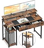 ODK Schreibtisch mit 2 Schubladen, Computertisch mit Regalen und Monitorständer, Bürotisch mit Bücherregal, Klein PC-Tisch Officetisch für Home Office, 100x50x87cm, Rustikales Braun