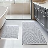 Großes Badezimmerteppich Set 2 Teilig, Badteppich Rutschfest Waschbar, Badematte Grau, Boho Bathroom Mat, Rhombische Badvorleger für Badezimmer Deko,Waschküche, 51 x 120 cm + 46 x 77 cm Teppich Bad