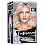 L'Oréal Paris Permanente Haarfarbe mit kühlem Farbergebnis, Haarfärbeset mit Coloration und Anti Gelbstich Pflegebalsam, Préférence Cool Blondes, Nr. 9.12 Sehr helles beige Aschblond (Alaska), 1 Stück