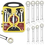 AIRAJ Maulschlüssel set,Chrom-Vanadium-Stahl, Tetron-Rolltasche | Gabelringschlüssel,Professionelles Ring maulschlüssel,Ringmaulschlüssel mit Ratsche Schwenkbar Set Metrisch (8-Tlg)