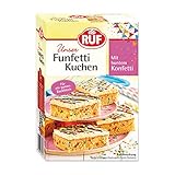 RUF Funfetti-Blechkuchen mit bunten Konfetti-Streuseln, Vanille-Creme und kakaohaltiger Pflanzenfett-Glasur mit Vollmilchpulver, 1 x 750g