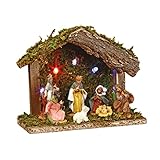 JJA Weihnachtliche Krippe mit Sieben Krippenfiguren 5 LEDs Weihnachtsdeko bunt 13,5 cm