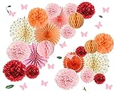 SUNBEAUTY 34 Stück Rosa Pompoms Deko Wabenbälle Papier Fächer Wandaufkleber Schmetterling für Geburtstag Hochzeit Feier Valentinstag Party Dekoration