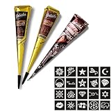 3x Henna Tattoo Temporäre Tattoo + 20x Henna Schablone,Natürliche Paste Cones Kegel, schwarz,braun und rot,Tattoo sticker,Temporäre Tattoos mit Schablonen