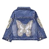 LSHEL Jeansjacke Mädchen Langarm Denim Jacket Kinder Schmetterlinge Übergangsjacke mit Pailletten, Schmetterling, 134-140(körpergröße: 124-128 cm)