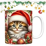 Trinkbecher, Weihnachts-Katzen-Tasse, Weihnachts-Katzenurlaub, Kaffeetasse, Keramik-Kaffeetasse, Espresso-Kaffeetassen, Weihnachtshut 350 ml für Familie, Freunde,