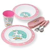 damaloo Einhorn Kinder Geschirrset Mädchen – Teller, Schüssel, Becher & Kinderbesteck – Frühstücksgeschirr für Kinder – Kunststoff Essgeschirr Wiederverwendbar & BPA frei