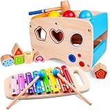 Rolimate Xylophon und Hammerspiel Spielzeug ab 1 Jahr, 3 in 1 Montessori Pädagogisches Vorschullernen Musikspielzeug Holzspielzeug Nachziehspielzeug Geburtstagsgeschenk fur Kinder Baby 1 2 3 Jahre
