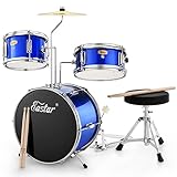 Eastar Schlagzeug 14' 3 PC, für 3-10 Jahre Kinde, Schlagzeug Set mit Snare, Tom, Bass Drum, Bass Drum Pedal, Thron, Becken, Drumsticks, Spiegel Blau