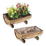 Relaxdays Blumenkasten Holz, 2er Set Pflanzkasten, HBT: 12,5 x 29,5 x 20 cm, außen & innen, Pflanzfass mit Folie, braun