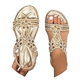 BIBOKAOKE Flache Sandalen Damen Große Größen Strass Bohemia T-Riemen Frauen Sandalen Weichen Sohlen Sommerschuhe Gummiband Slingback Sandalen Elegante schöne Sandalen Mädchen Strandschuhe