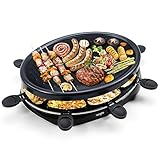 Raclette 8 Personen - Raclette Grill mit 8 Raclette Pfännchen und 2 Holzspateln Antihaftbeschichtung Thermostat Barbecue Grill Elektrische Grillpfannen für Familie - 1300W