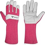 WFX Lange Gartenhandschuhe aus Leder für Damen, Herren, Damen, langlebig, Ziegenleder, Gartenhandschuhe, Unterarmschutz, dornensicher, Gärtnerarbeit, Rosenbeschneide, Geschenk (Rosa, M)