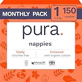 Pura Eco Baby Nappies - Größe 1 (2-5 kg), 6 x 25 Nappies (insgesamt 150 Stück), Monthly Pack, Newborn Nappies für empfindliche Haut, Bio-Baumwolle, Umbilical Cord Cutout, New Size Guide