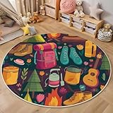 MIATCENRT Waschbarer Bunt Teppich Wohnzimmer Schlafzimmer Rund Teppich, Camping Rucksack Stiefel Muster Cartoon Deko, Teppiche kurzerflor für Esszimmer Büro Eingangsbereich, 120cm