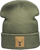 Outdoor Strickmütze: Hirsch mit Leder Patch - Berg-steigen Klettern Sport Wandern Jäger Jagd Jägermütze Wintermütze Beanie Mütze Damen & Herren Frau-en & Männer Geschenk (One Size - Grün)