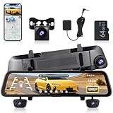 Hodozzy 1080P WiFi Rückspiegelkamera, 12-Zoll-Touchscreen, 4 Autokameras Dashcam Vorne und Hinten Innen, GPS, App-Steuerung, Parkmonitor, G-Sensor, Nachtsicht, Loop-Aufnahme, WDR, 64 G TF-Karte