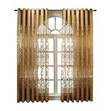 Mesnt Durchsichtige Gardinen mit Ösen, Fensterdekoration mit Stickerei und Blumenmuster, halbtransparent, Gold, 107 x 229 cm