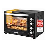 TZS First Austria Minibackofen, 2000 Watt, 60L, mit Innenbeleuchtung, Umluft-Funktion, Drehspieß für 2 Hühnchen, Mini Pizzaofen, herausnehmbares Krümelblech