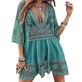 HAIGOU Damen Spitze Strandkleid V-Ausschnitt Badeanzug Strandkleid Transparent Strandponcho Bikini Cover-Ups Grün