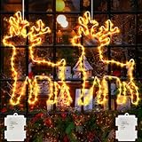 echosari 2 Stück Rentier LED Fensterdeko Weihnachten Batterie, 120 LEDs Hängende weihnachtsmann lichterkette mit Timer Metall Rentier Vorhang lichterkette Innen und Außenbereich Warmweiß