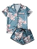 WDIRARA Damen Satin Nachtwäsche Kurzarm Hemd und Shorts Pyjama Set Silky PJ, Blumenblau, XXS