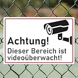 Hinweis-Schild 30x20cm - Achtung Bereich ist Videoüberwacht - Sicherheitsschild Warnschild aus 3mm Alu-Dibond, Wetterfest, kratzfest, UV-Schutz