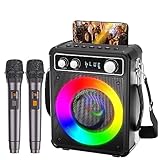 BONAOK Tragbare Karaoke-Maschine, Bluetooth-System mit 2 Mikrofonen, wiederaufladbare Lautsprecher, 15 Watt Musik-Box mit Lichteffekt, Unterstützung TF USB für Party