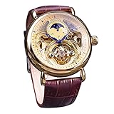 FORSINING Herren-Armbanduhr, automatisch, selbstaufziehend, mit schwarzem Silikonband, Retro-Skelett, Mondphase, großes Zifferblatt, mechanische Armbanduhr, Gold 2, Armband