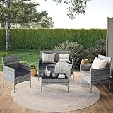 STEELSØN Polyrattan Gartenmöbel Set 4 TLG Thalora, Balkonmöbel Set Ink. 2er Sofa, 2 Stühle, Tisch & Sitzkissen, Terrassenmöbel Lounge, wetterfest grau-meliert