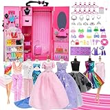 Toclsixz 66 Stück Puppen Kleidung Zubehör, Puppen kleiderschrank für 30CM Puppe Mädchen,Puppen Bekleidungs Sets mit Hochzeitskleid Badeanzüge Bademantel Kleiderbüge Schuhe etc.