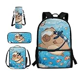 COEQINE 4-teiliges Set aus Rucksack und Wasserflasche für Kinder, personalisierte Büchertasche für Kleinkinder, Mädchen, individuelle Lunchbox mit Namen, Tauch-Kapybra mit Namen