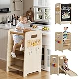 Montessori Lernturm ab 1 Jahr 4-in-1 Trittleiter Holz mit Tafel & Schiebeleiter 4-Fach Höhenverstellbarer Learning Tower Küchenhelfer Tritthocker Kinder Kippsicher Montessori-Lernstuhl für Küche & Bad