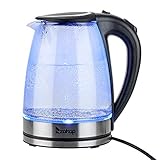 LEADZM Glas Elektrischer Wasserkocher mit 1.8 Liter Volumen 2200 Watt blaue LED Innenbeleuchtung 360°drehbarer Sockel