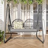 Gartenschaukel, Hollywoodschaukel mit Rückenlehne, Gartenmöbel-Set für den Außenbereich,Doppelschaukel aus PE-Rattan, 2 Sitze (Dunkelgrauer Sitzrahmen und Kissen)
