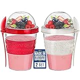 CRYSTALIA Joghurt Becher to Go mit Deckel Set 2, 100 % BPA FREI Müslibecher to Go, Porridge Becher, Joghurt Müsli Becher to Go zum Frühstück, Obstbehälter, Salatbecher Yoghurt to Go Becher mit Löffel