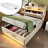 HOXINBLY Bett 90x200 mit LED und USB,Polsterbett 90x200 mit Stauraum und Kopfteil, Einzelbett mit Lattenrost Jugendbett Kinderbett Stauraumbett Bettgestell, Beige Leinen(Mit Matratze)