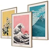 Hokusai Poster Set Japanische Wanddeko Japan Kunst Bilder Schlafzimmer Deko Wohnzimmer Dekoration Eklektische Gemälde (3x A4 | Ohne Rahmen)
