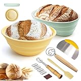 Gärkorb Gärkörbchen für Brotbacken, Verbesserte 22cm Runde & 26cm Oval Silikon Banneton Brotgärkörbe, Sauerteig-Starter-Set, Bäckermesser, Dänischer Schneebesen, Teigschaber und Bratpinsel