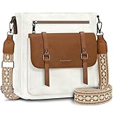 RAINSMORE Umhängetasche Damen Mittelgroß Handtasche Damen Leder Crossbody Bag Damen-Umhängetaschen Schultertasche Handtaschen Damenhandtasche mit Breiten Schultergurten Weiß und Braun