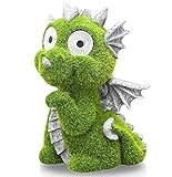 TERESA'S COLLECTIONS Gartendeko für Draußen Niedliche Drache Gartenfigur mit Augen Solar Drachen Beflockt mit Moos Stein Dinosaurier Wetterfest Kunstharz Gartendeko 22cm